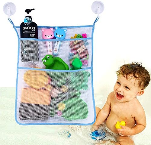 Bath Toy Organizer - Bathroom Tub Storage 3 Bonus Suction Cups Hook Machine Washable Blue