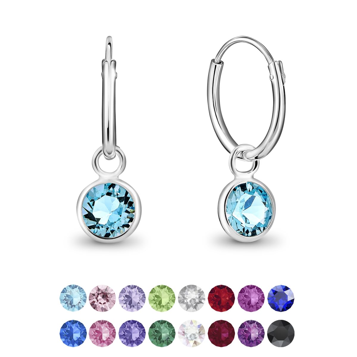 925 Sterling Silver Small Endless Hoops Earrings with Round Dangling Crystals 5 mm - Faux Aquamarine Sleeper Earrings for Women - Thickness 1.5 mm - Outer Diameter: 14 mm โ image 1