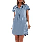 Amazhiyu Women's 100% Linen Short Sleeve Summer Casual Above Knee Length Dresses Blue, Medium