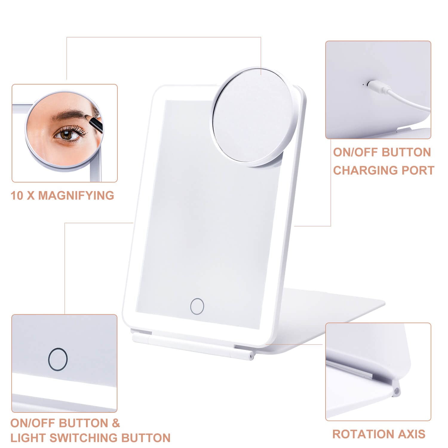 LED Foldable Travel Makeup Mirror - 5x7 inches 3 Colors Light Modes USB Rechargeable Touch Screen, Portable Tabletop Cosmetic Mirror for Travel, Cosmetic, Office (White)