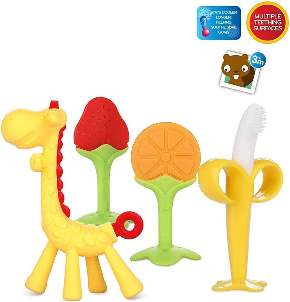 Olele Baby Teething Toys (4 Pack),Natural Organic Safe Soft Silicone Fruit Giraffe Teethers Set with Pacifier Clip/Holder for Newborn Infants and Toddlers, Boys & Girls - Babies Shower GIF: Toys & Games