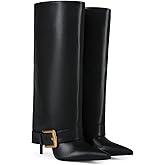 USRUNOE Fold Over Boots for Women, Heeled Knee High Leather Boots with 4-Inch Stiletto Heel, Wide Calf & Shark Boots for Casual and Evening Wear