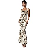 winkbay Women's Floral Bodycon Maxi Dress Elegant Cowl Neck Fishtail Boho Beach Sundress Wedding Guest Dresses
