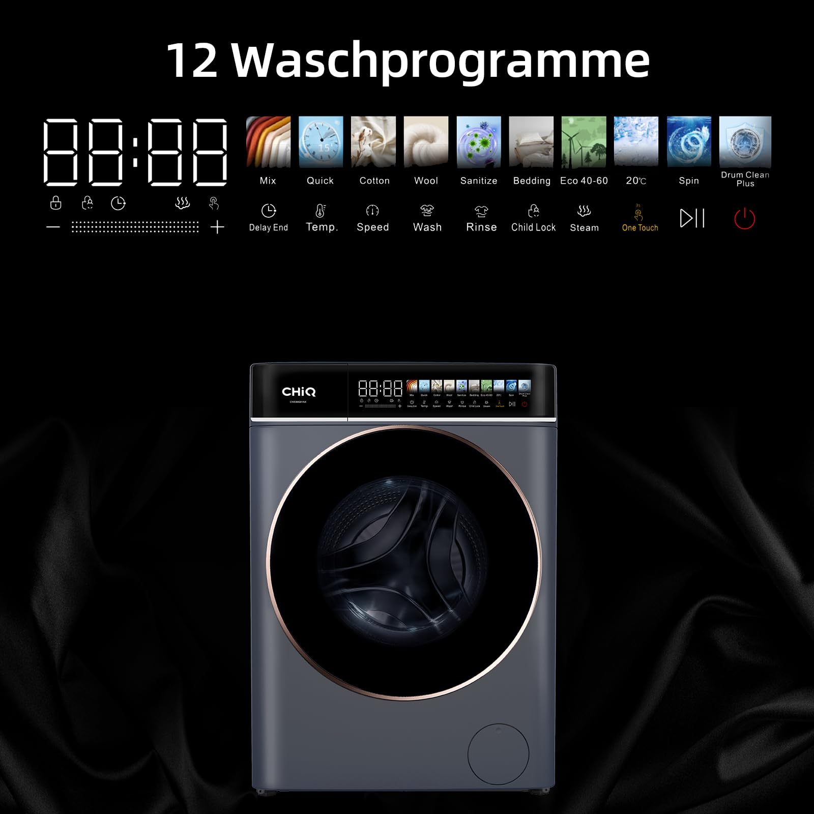 CHiQ CW106581AX Waschmaschine 10 kg, EEK A-10%| LED-Touchscreen, 1400 U/M | 12 Waschzyklen Speed Wash, Eco, Dampf, Timer| Frontlader washer, Wohnungen, Hotels, Schwarz 6