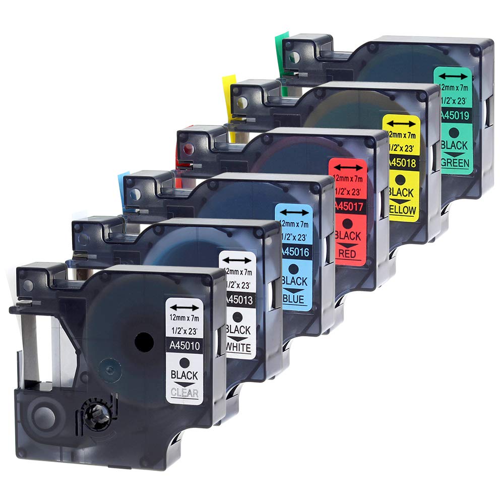 6X Replacement for Dymo D1 Label Tape 12mm 45013 45010 45016 45017 45018 45019 Colored Tape Compatible with Dymo LabelManager 160 210D 280 420P