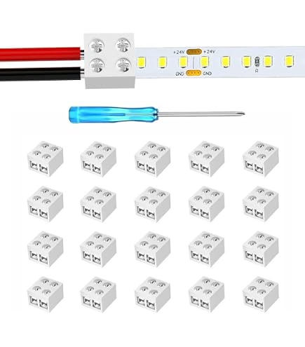 RGBZONE 15-Pack 2-Pin 8mm LED Connectors – Solderless Transparent Gapless Wire-to-Strip Connectors With Screwdriver For 12V/24V COB/SMD LED Strips