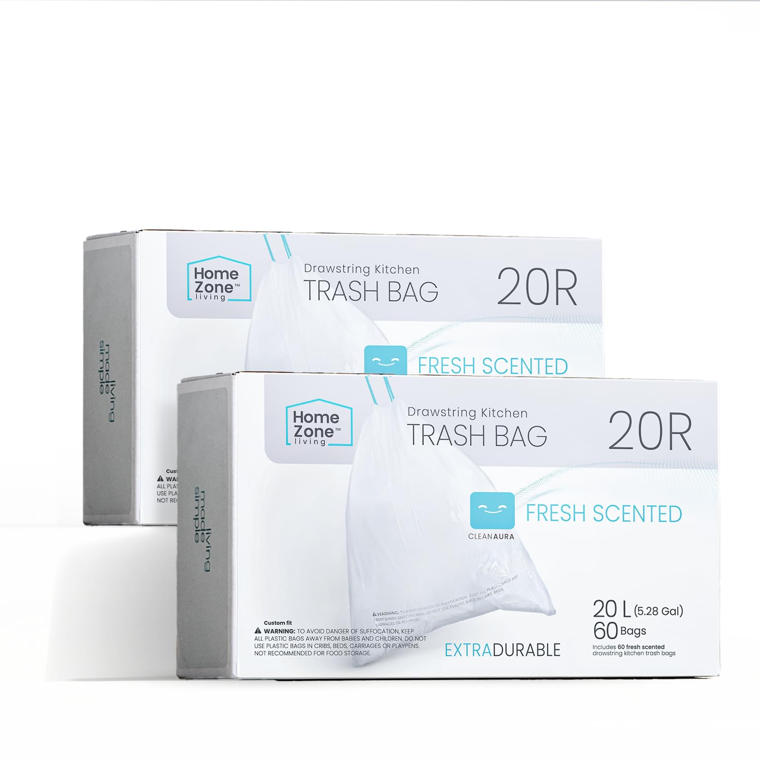 Photo 1 of Home Zone Living 2-Pack 5 Gallon Kitchen Trash Bags with Drawstring Handles, Heavy Duty Custom Fit Design for 20 Liter Dual Recycling Liners, Code 20R, 60-Count