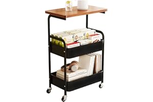 3 Tier Metal Rolling Utility Cart Functional Kitchen Storage Trolley with Wheels Wooden Tabletop Mesh Baskets Organizer for O