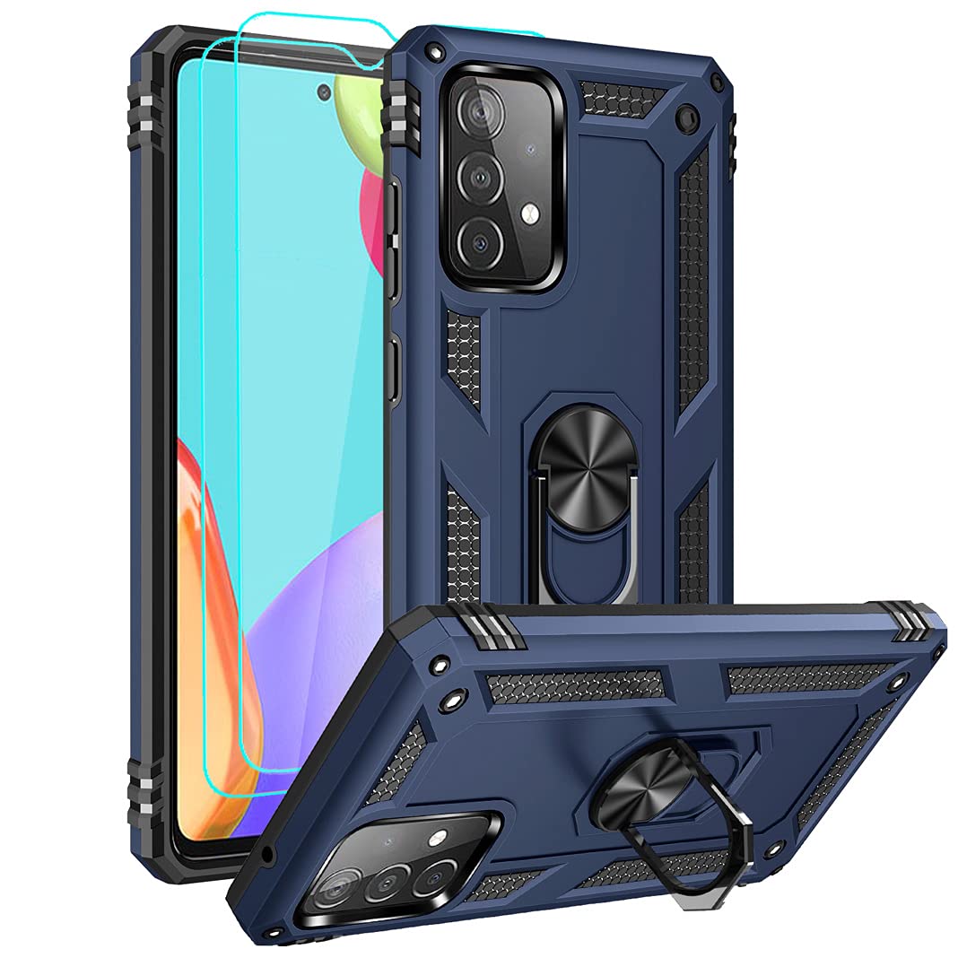 for Samsung A52 Case, Galaxy A52 Case with HD Screen Protector, Military-Grade Ring Holder Kickstand Car Mount 15ft Drop Tested Shockproof Cover Phone Case for Samsung Galaxy A52, Blue