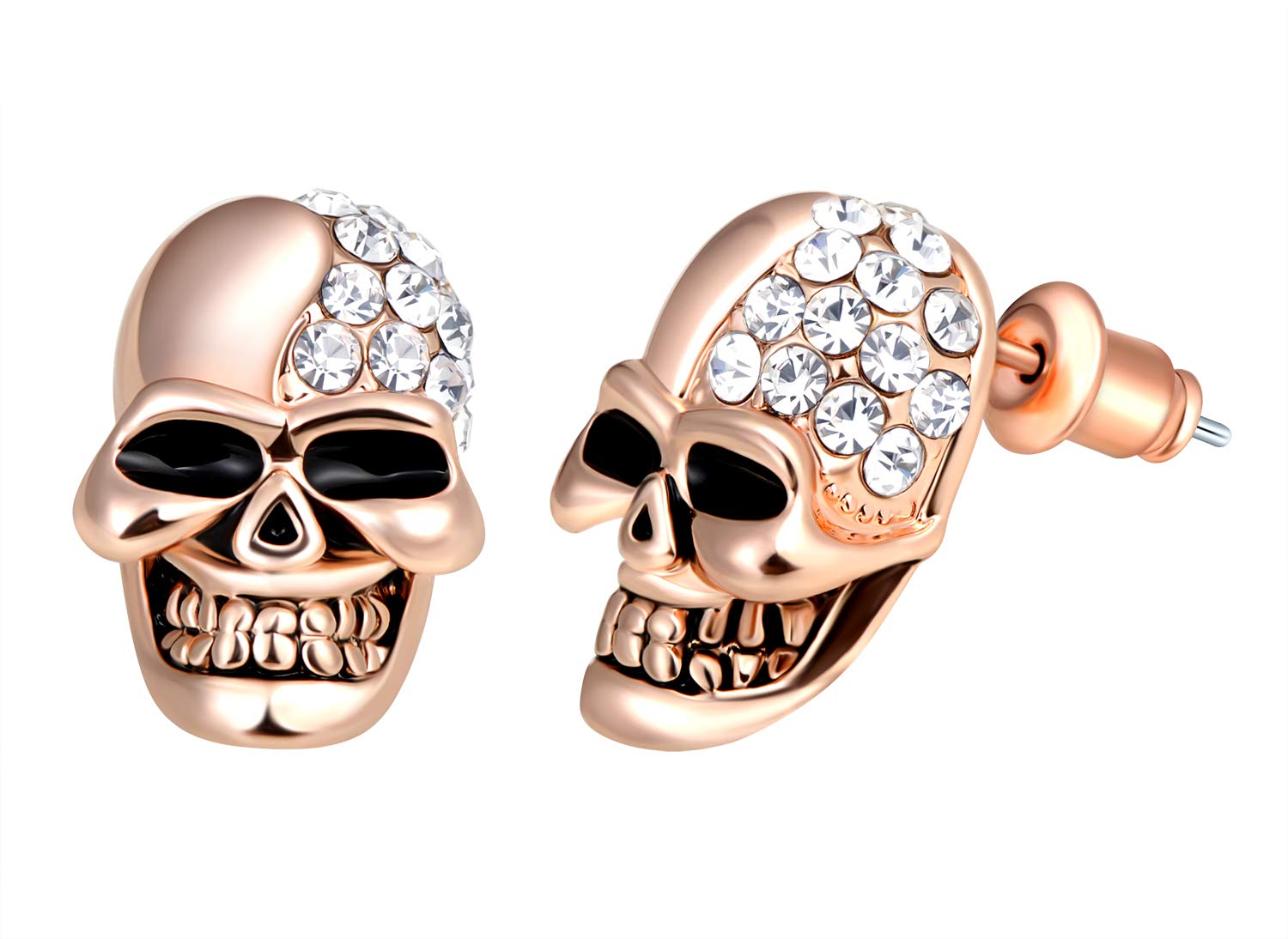 Feilok Women Stud Earrings for Mens Huggie Hoop Ear Piercing Skull Zirconia rose gold Stainless Steel