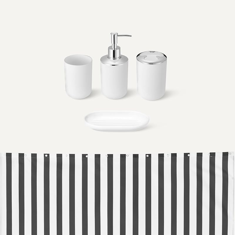 Set Accessori Bagno: Tenda Doccia con Ganci, Tappetino Bagno in Memory Foam, Dispenser Sapone, Portasapone, Portaspazzolini & Bicchiere, Bianco — foto 3 di 5
