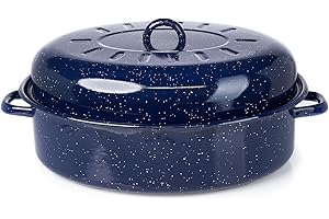 IMUSA USA 18" Traditional Vintage Style Blue Speckled Enamel on Steel Covered Oval Roaster