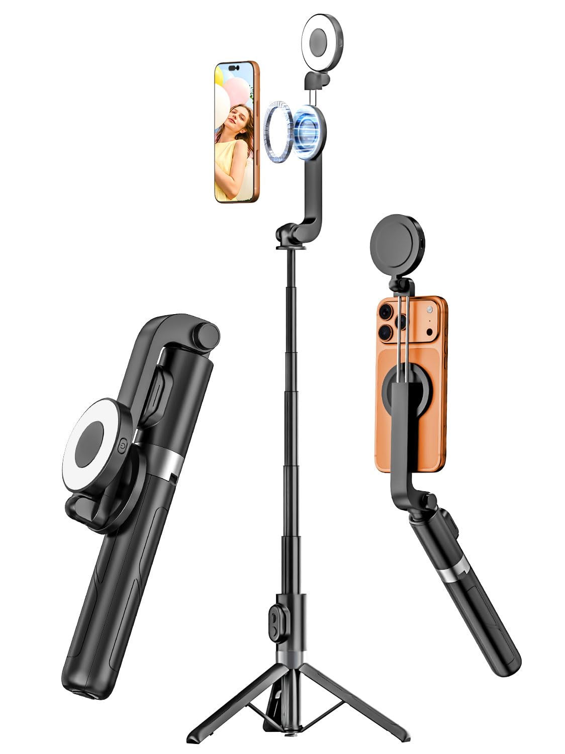 USKEYVISION Magnetic Selfie Stick Tripod with Light & Remote, Phone Tripod with Magnetic Holder for Magsafe, 360° Rotatable Cellphone Stand for iPhone/Android for Video Recording, Vlogging(SPT-02)
