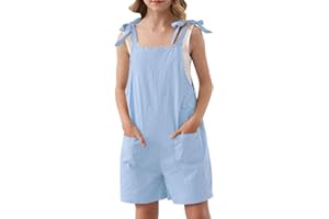 Lindanina Girls Romper Sleeveless Adjustable Tie-Up Strap Short Jumpsuits Summer Clothes with Pocket 5-12 years