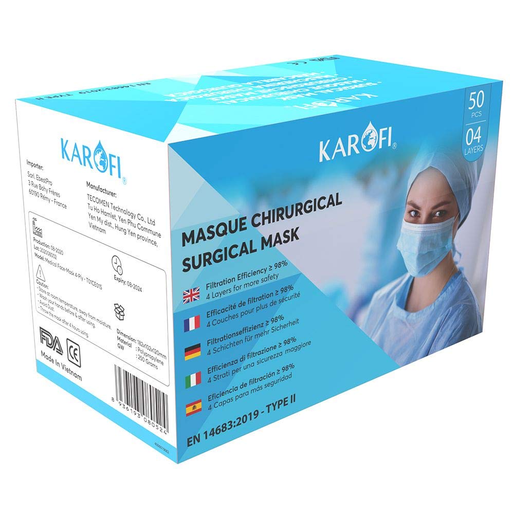 KAROFI - Surgical Face Masks TYPE II MEDICAL, 4 LAYERS, BFE > 98%, tested and approved, certified CE EN14683 : 2019, box of 50 pieces