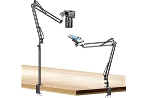 Evekea Overhead Camera Mount, Desk Camera Mount with 360° Adjustable Arm and Phone Holder for DSLR Cameras/iPhone/Webcam/Ring Light, Desk Phone Stand for Video Recording,Zoom Meeting,YouTube,TikTok