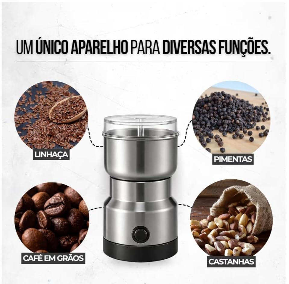 Moedor de Café Elétrico 220V Premium em Aço Inoxidável – Triturador de Grãos Café Pimenta Temperos e Especiarias – Compacto Potente Moagem Uniforme e Fácil de Limpar