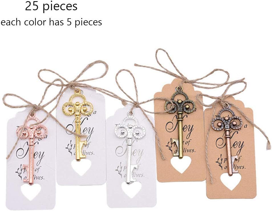 Sinrextraonry 25 PCS Key Bottle Openers Vintage Skeleton Key Bottle Opener with Escort Tag Card and Twine for Wedding Favors for Guests Party Favors (5 Colors)