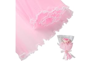 KIMOBER 4.3 Yards Pink Flower Wrapping Mesh Paper,Pearl Edge Wrinkled Wavy Net Yarn Flower Wrapping Mesh Paper for Valentine's Day Mother's Day Wedding Florist Supplies(Pink)