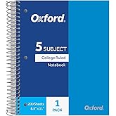 Oxford 5 Subject Spiral Notebook, Notebooks for School, Plastic Covers, Back to School Supplies, College Ruled, 200 Sheets, 1 Pack, Bright Blue (1009294)
