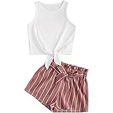 OYOANGLE Girl's 2 Piece Outfits Summer Tie Knot Tank Top and Paperbag Waist Striped Shorts Set