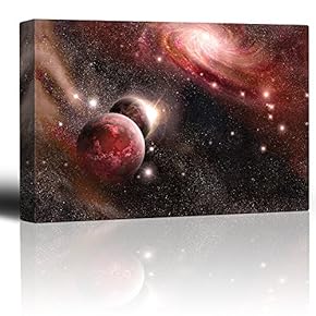 Red Starry Galaxy with Floating Planets - Canvas Art Home Art - 12x18 inches