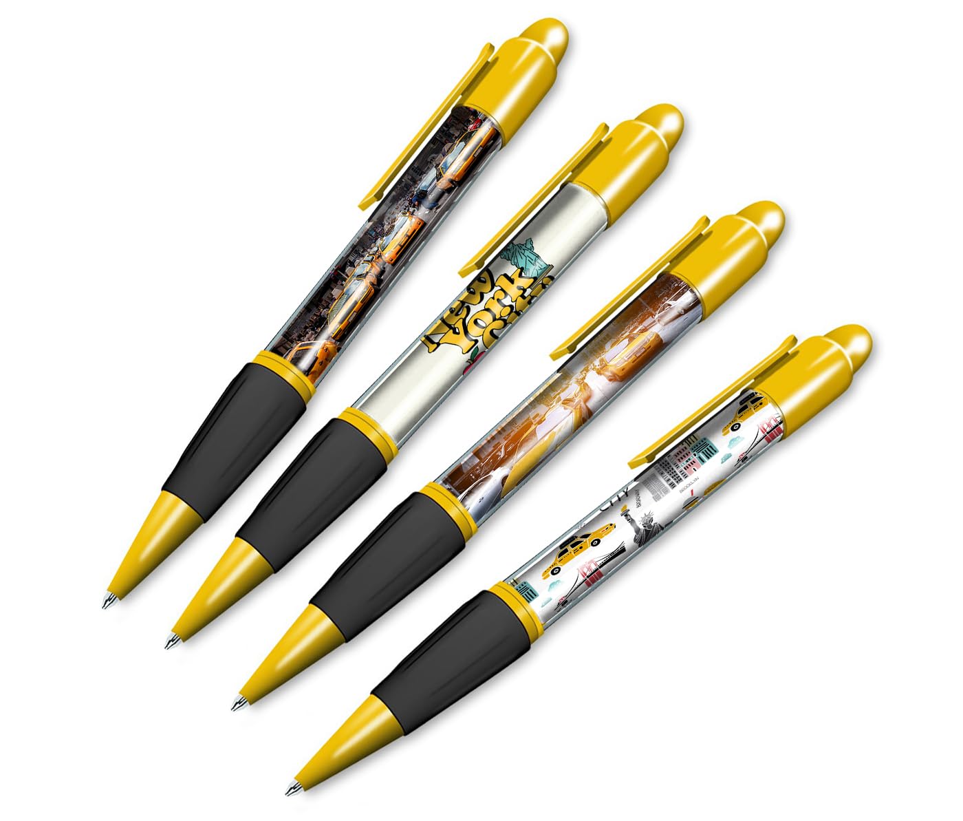 DV DESIGN Set of 4 New York Yellow Ballpoint Pens - Taxi City USA America NYC Flag Travel Holiday Boys Girls Men Women Theme Pen Black Ink #81370