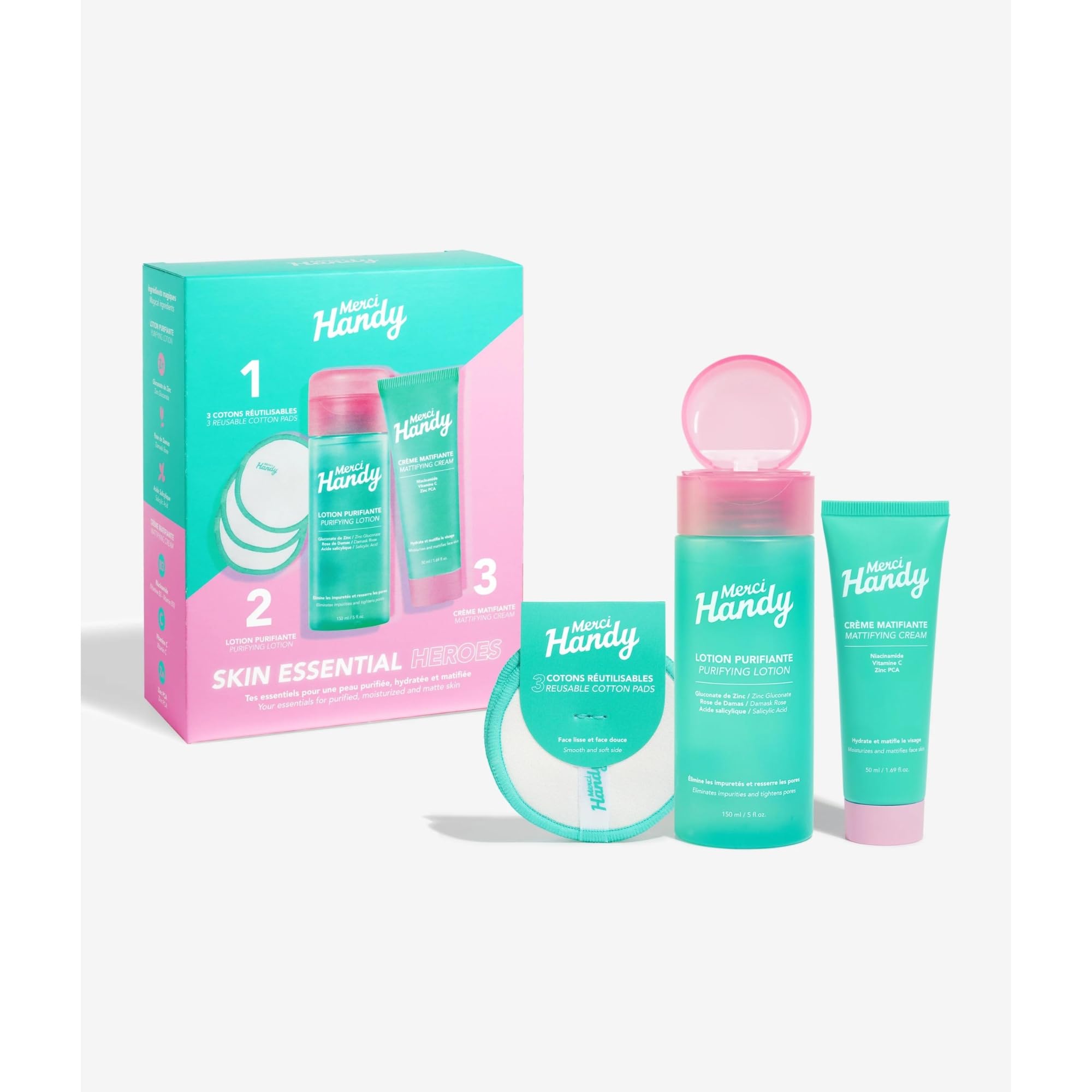 Merci Handy - Skin Essential Heroes - Facial Routine - Cleansing Lotion 150 ml - Mattifying Cream 50 ml - 3 FREE Cotton Pads