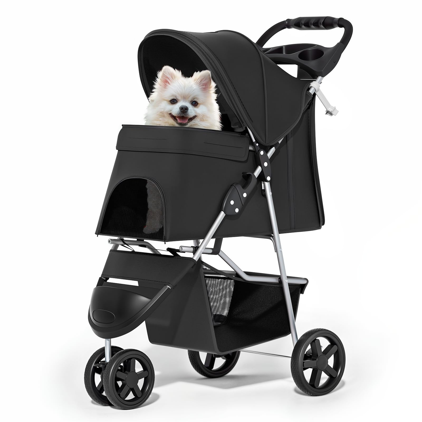 Photo 1 of MoNiBloom Foldable Pet Stroller with Weather Cover, 3 Wheels Pet Strolling Cart for Small/Medium Dogs and Cats with Storage Basket and Cup Holder, Breathable and Visible Mesh for All-Season, Black