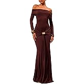 GORGLITTER Women's Off The Shoulder Bodycon Maxi Dress Long Sleeve Ruched Metal Cocktail Pencil Long Dresses