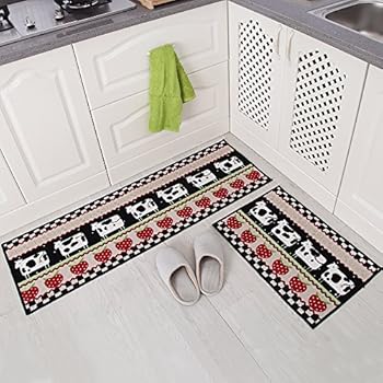 Carvapet 2 Piece Non-Slip Kitchen Mat Rubber Backing Doormat Runner Rug Set, Cartoon Milch Cow Strawberry Design (Black/Beige/Red 15