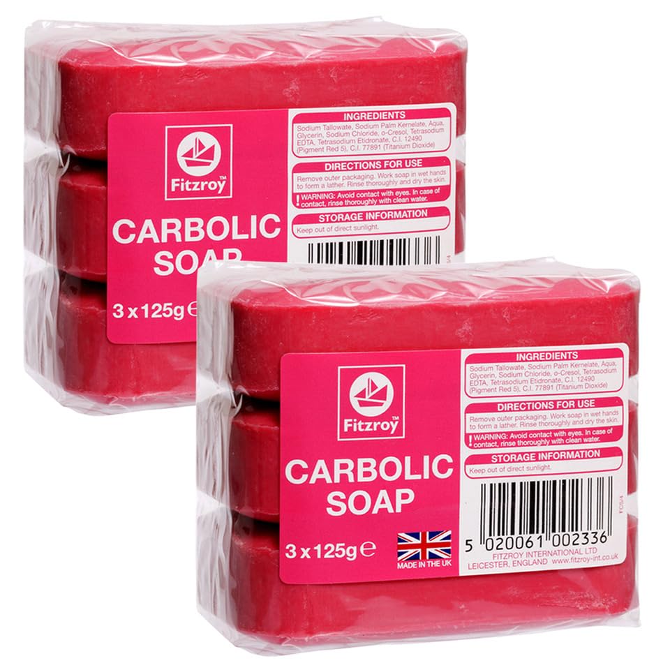 Fitzroy Carbolic Soap Original 6 Bars (2 Packs of 3x125g soaps) | Antibacterial Soap | Antifungal Soap | Laundry Soap Bar | Traditional Antiseptic Soap | Bars of Soap for Household & Industrial Use