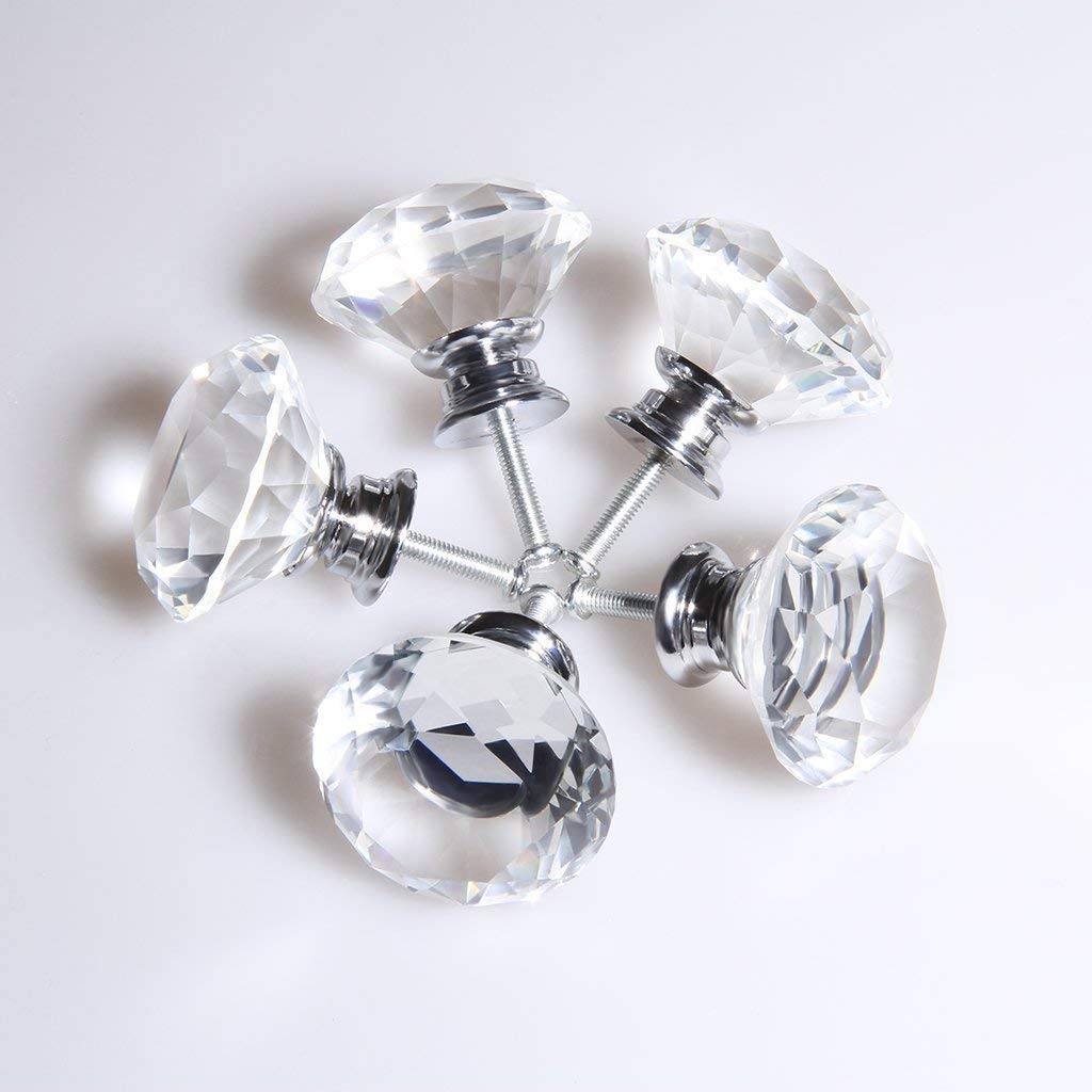 Bewelter 5 Pcs 40mm Clear Glass Crystal Cabinet Knobs Diamond Shap Wardrobe Door Knobs Cupboard Drawer Pull Handle Glass Dresser Knobs with Screws