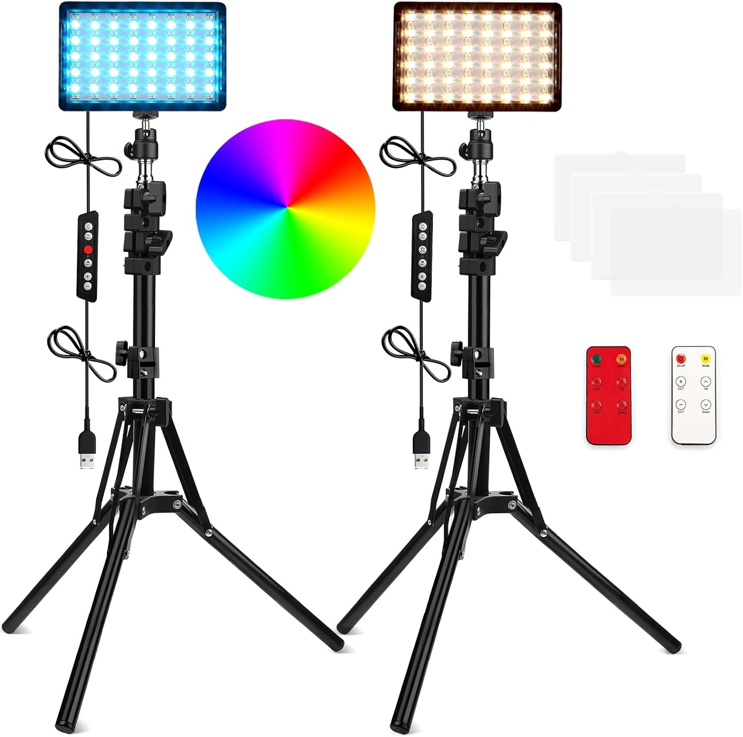 QEUOOIY 2 Packs RGB LED Video Light with Adjustable Tripod Stand/White Filters, Dimmable 2500-6500K USB Video Conference Lighting Kit for YouTube Photography/Game Zoom Live, TikTok- 1.6M