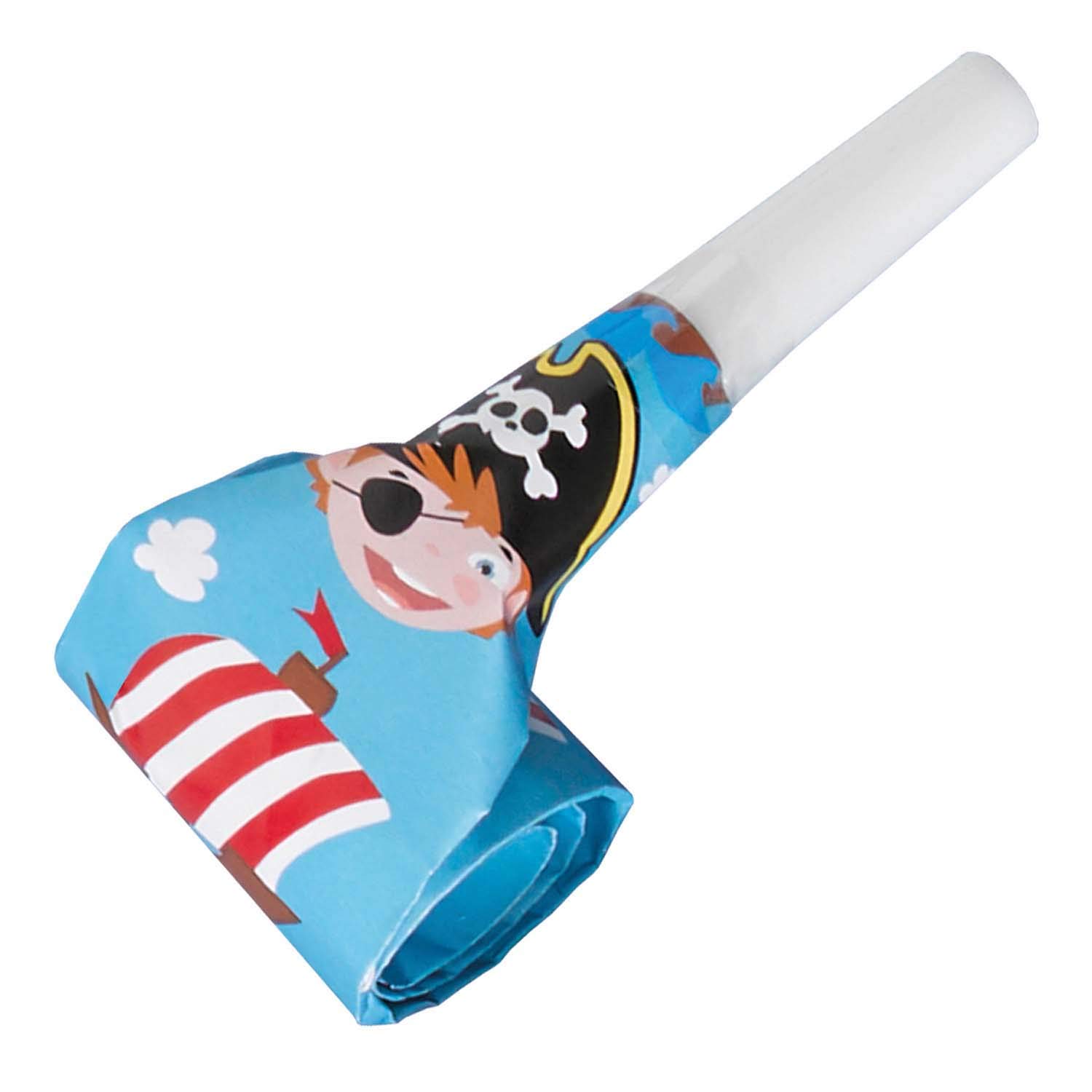 amscan 9902130 Pirate Party Trumpets Pack of 8 Size Approx. 30 cm Blue with Multicoloured Motifs Party Horn Buccaneer Pirate Give Away Birthday Carnival Children's Party Theme Party Gift