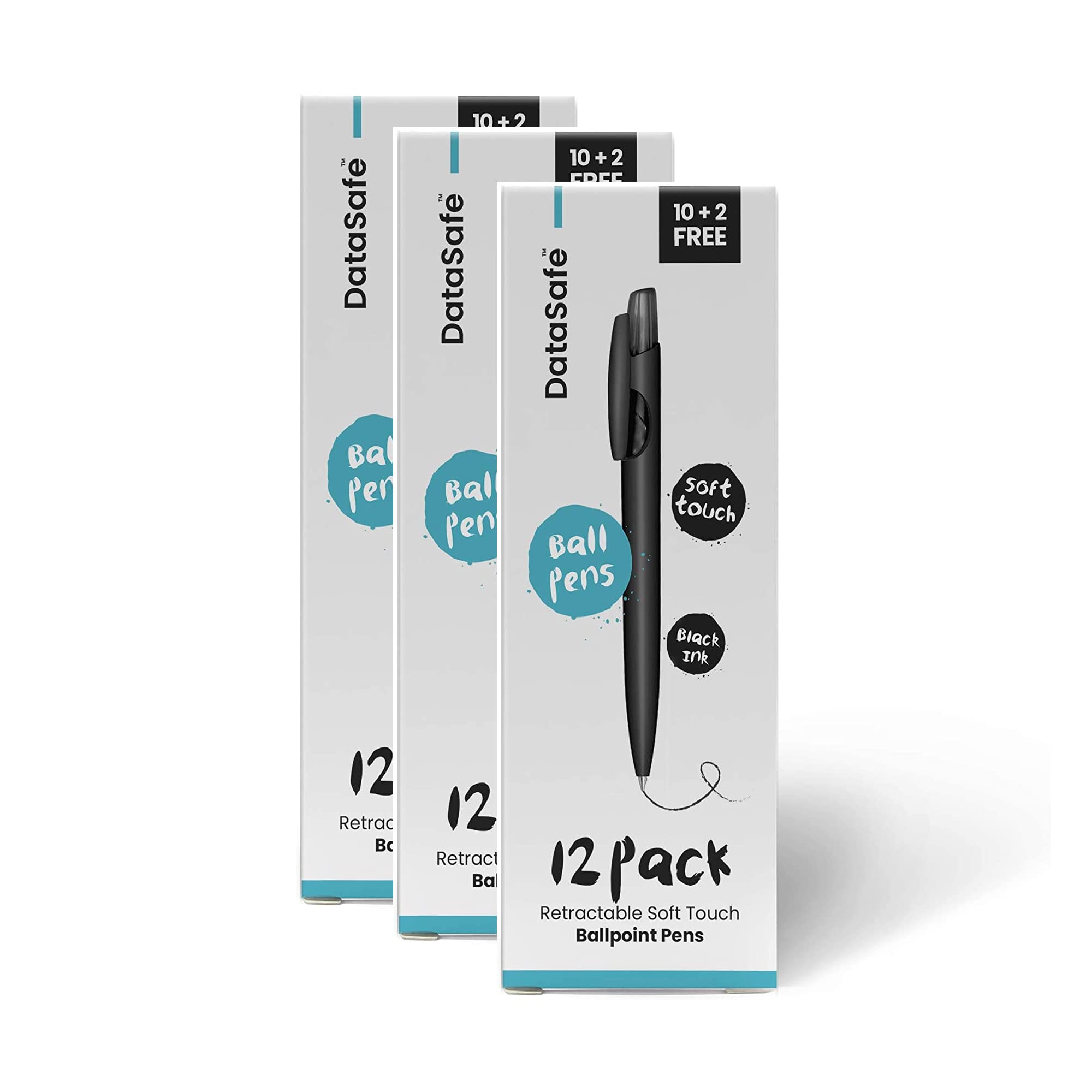 Datasafe Retractable Clicky Ballpoint Writing Pens, Black Casing, Medium Point (1.0 mm) with Soft Touch (36 Count (Pack of 3), Black)