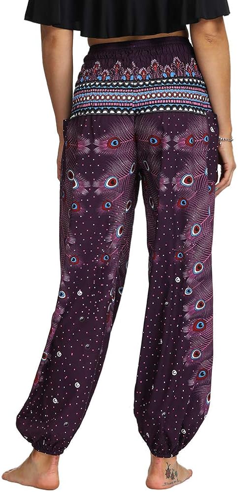 Nuofengkudu Ladies Hippie Baggy Harem Trousers Smocked High Waist Soft Boho Print Colourful Yoga Pants with Pockets Lightweight Flowy Travel Holiday Beachwear (Dark Purple A,One Size) - Image 4