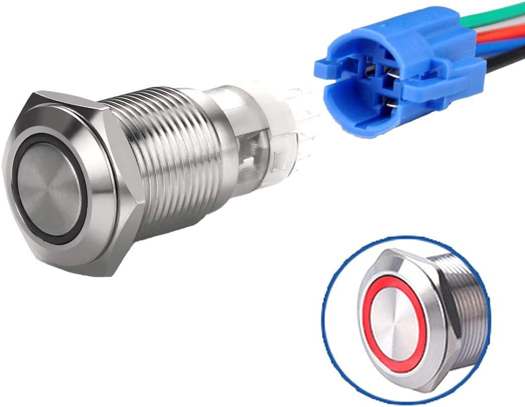 WerFamily 16mm Latching Push Button Switch Angel Eye Ring 12V Red LED 1NO 1NC SPDT ON/OFF Waterproof Stainless Steel Metal Round with Wire Socket Plug