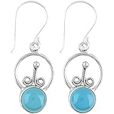 DEVMUKTI 925 Sterling Silver Dangling Earrings for Women, Natural Aqua Chalcedony Crystal Cabochon Earrings, Healing Crystals, Gemstone Jewelry, Handmade, Birthday, Filigree, Bridal Jewelry