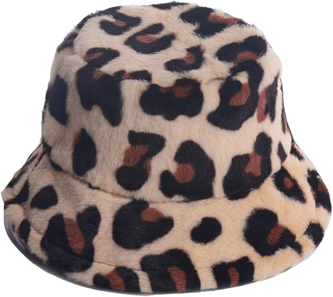Women Leopard Plush Bucket Hat ,Autumn Winter Hat Ladies Leopard Print