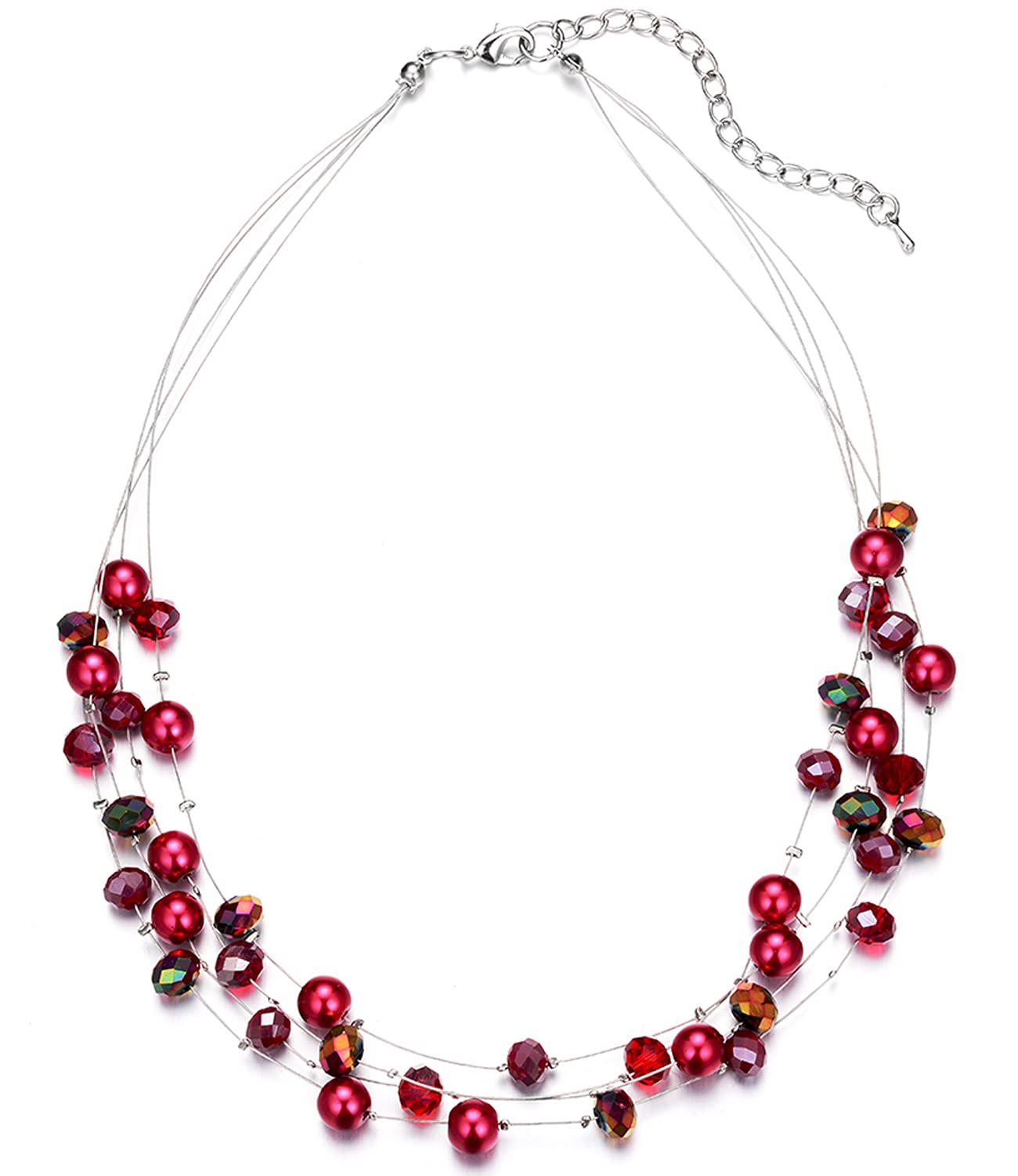 BULINLIN Crystal Layered Statement Necklace for Women, Shell Choker Necklace with Chunky Silver Metal Fashion Jewelry Gifts for Her (Red)