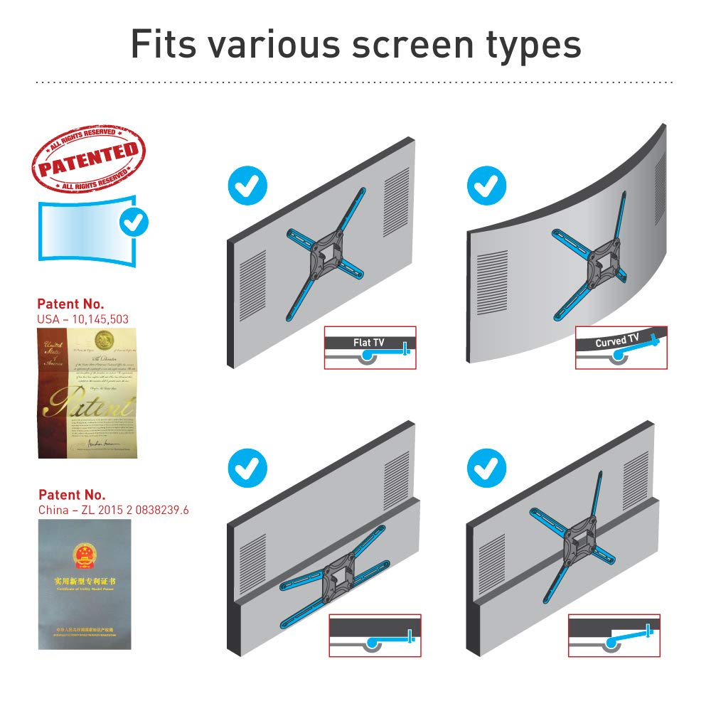 Barkan TV Wall Mount, 32-70 inch Full Motion Articulating - 4 Movement Flat/Curved Screen Bracket, Very Low Profile, Holds up to 88 lbs, Lifetime Limited Warranty, UL Listed, Fits LED OLED LCD