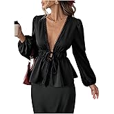 SOLY HUX Women's Lace Deep V Neck Tie Front Blouse Ruffle Long Sleeve Shirts Peplum Top