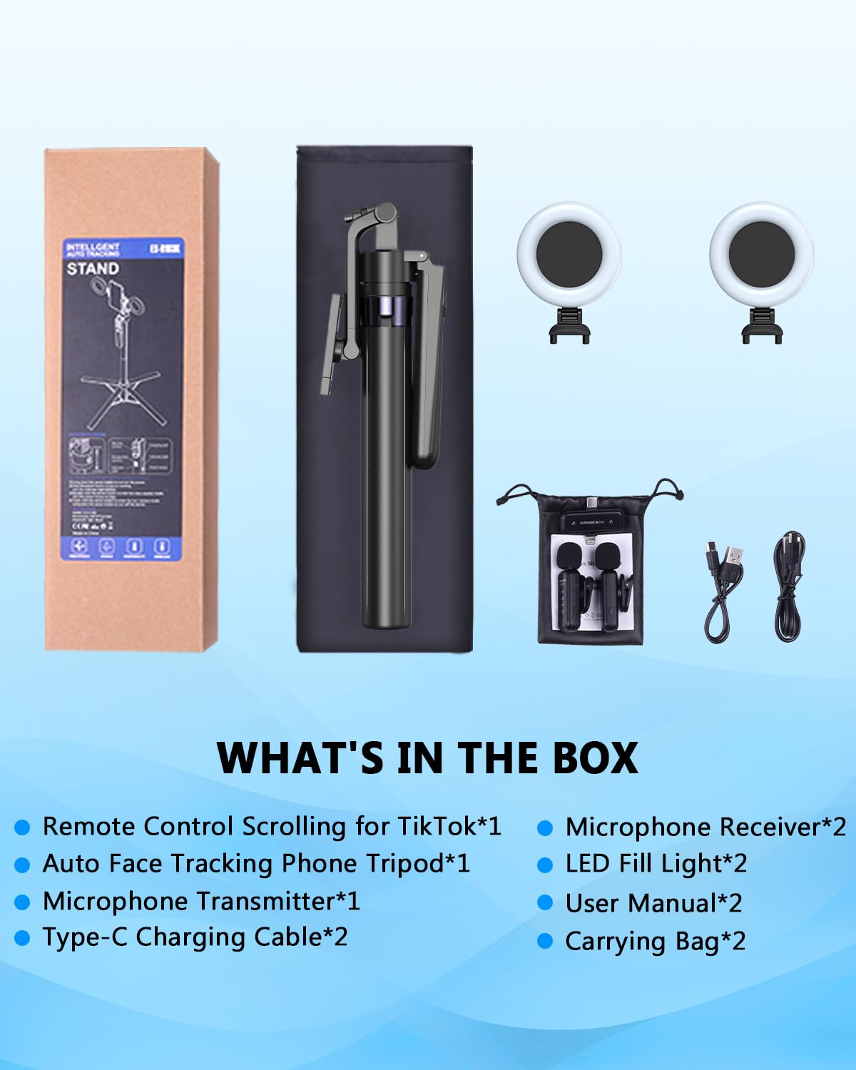 Vlogging Kit for iPhone/Android, 63”Auto Face Tracking Tripod for iPhone with Light, Wireless Microphones, Scrolling Remote Control for TikTok, Content Creator Kit for YouTube Starter