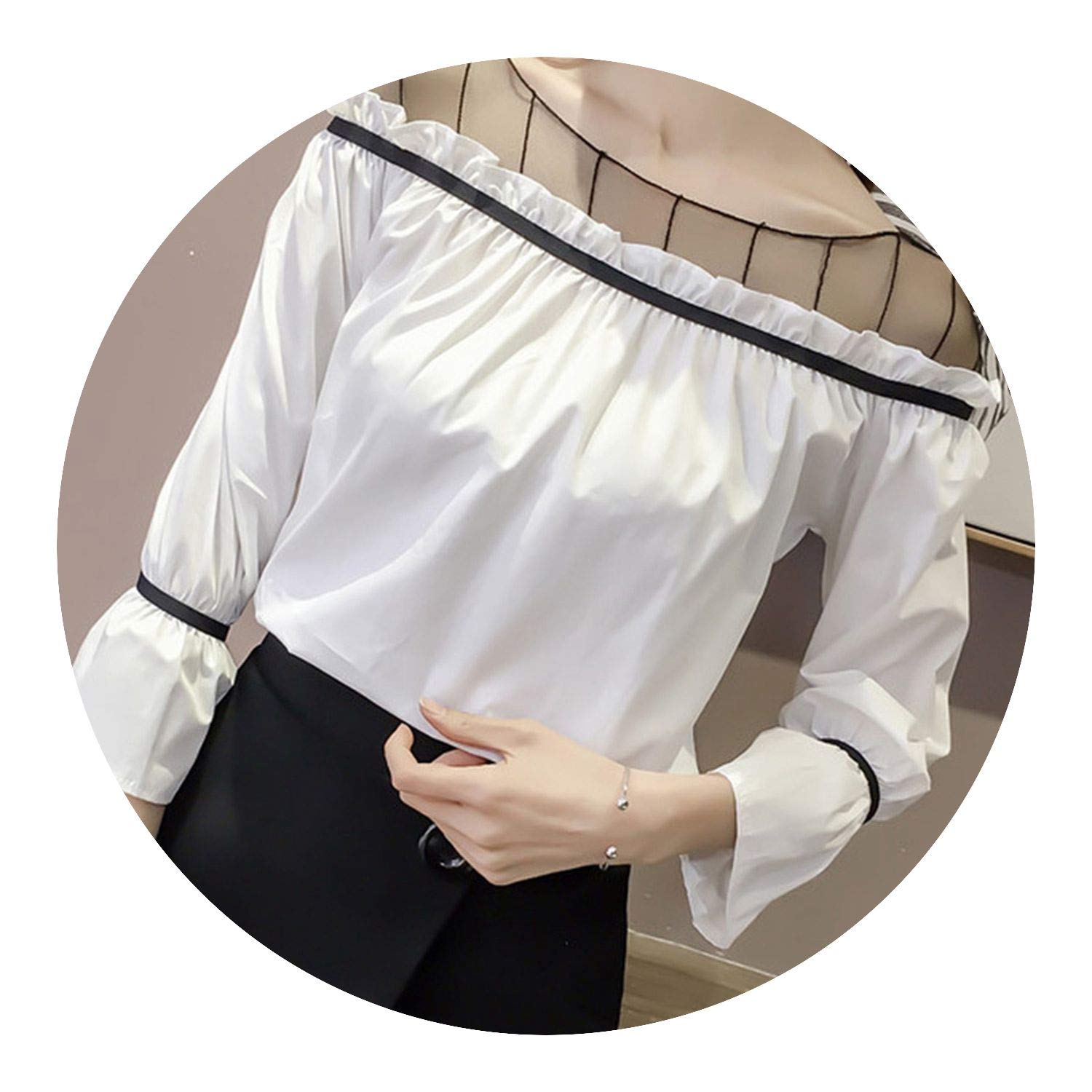 Kpop Chic Flare Sle Mesh Spliced Tops Slash Neck Nine Quarter Shirt White Basic S Xl