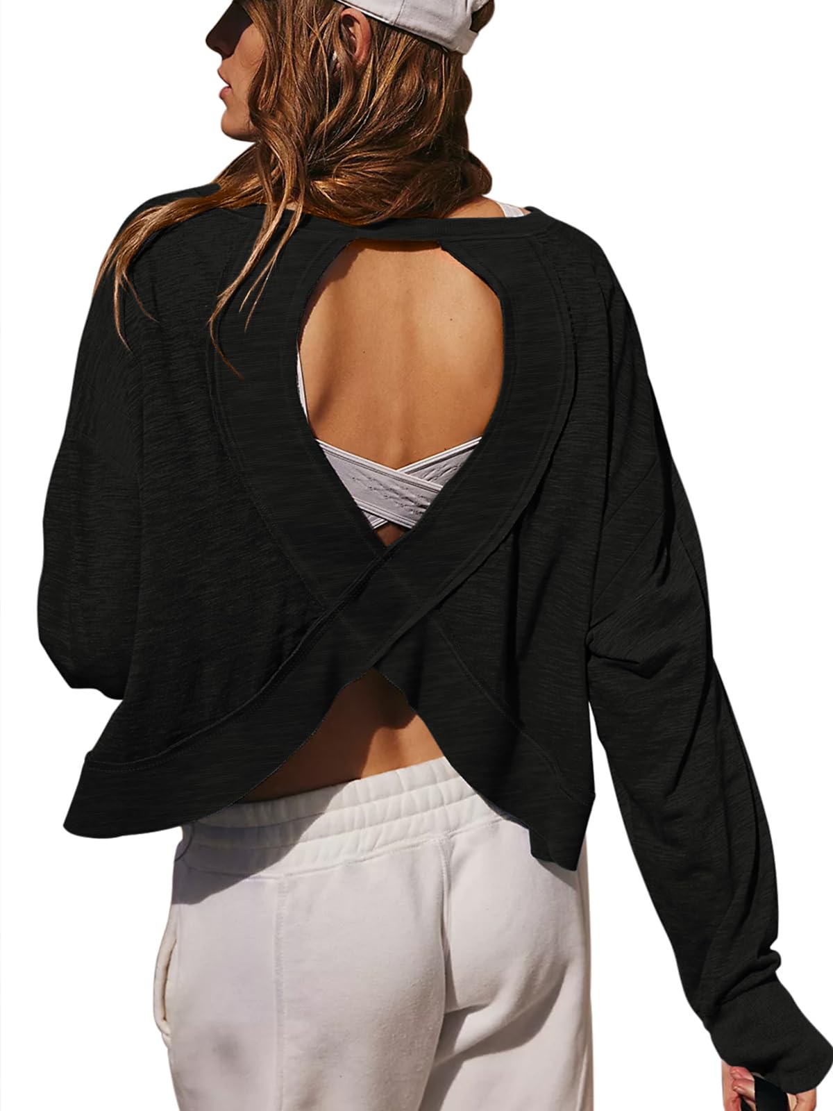 Photo 1 of LASLULU Womens Long Sleeve Workout Shirts Black Crop Tops Sexy Backless Gym Yoga Athletic Shirt Crewneck Casual Y2k Exercise Tees(Black X-Large)