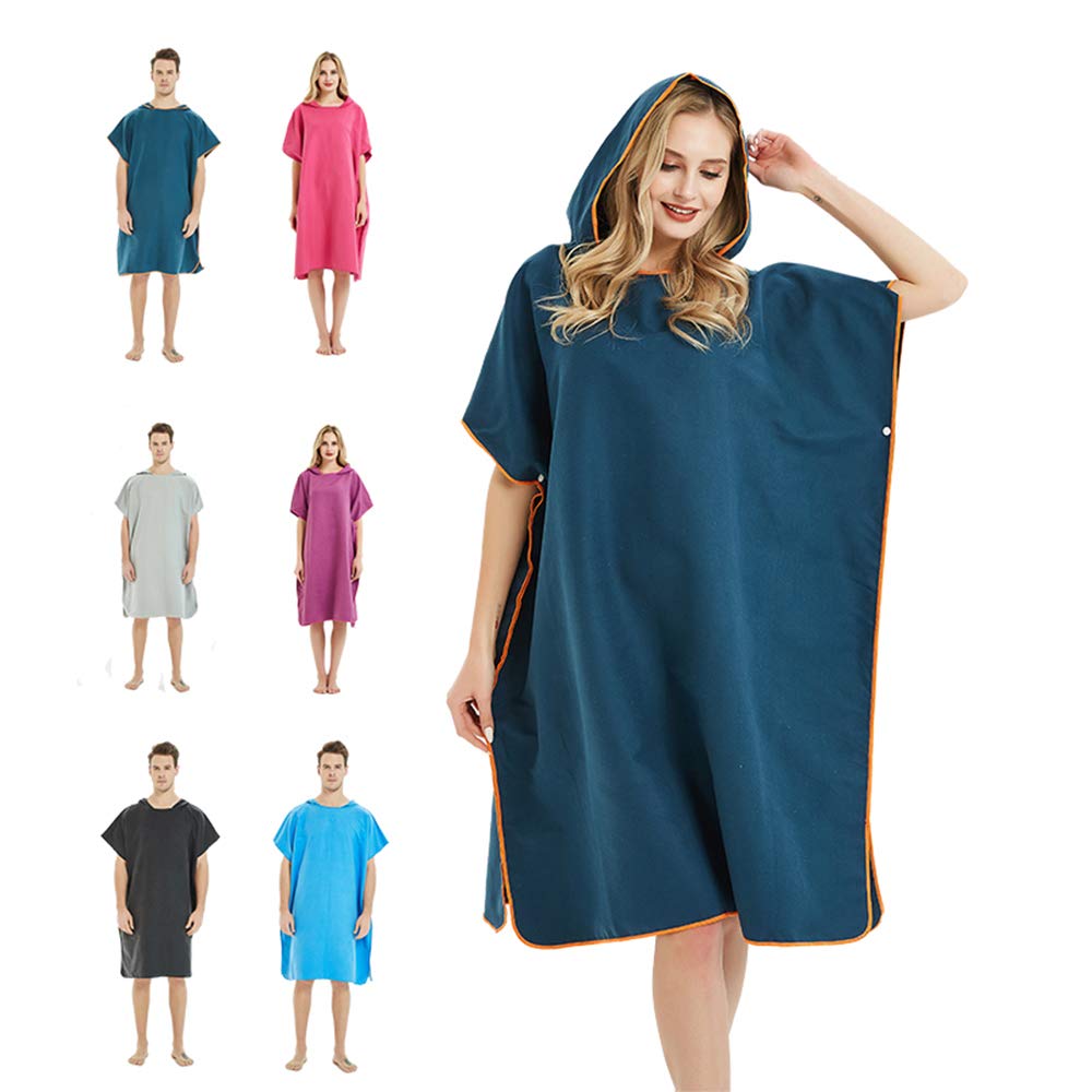 CAREWORX Microfiber Surf Beach Wetsuit Changing Towel Bath Robe with Hood -One Size Fit All (Navy Blue)