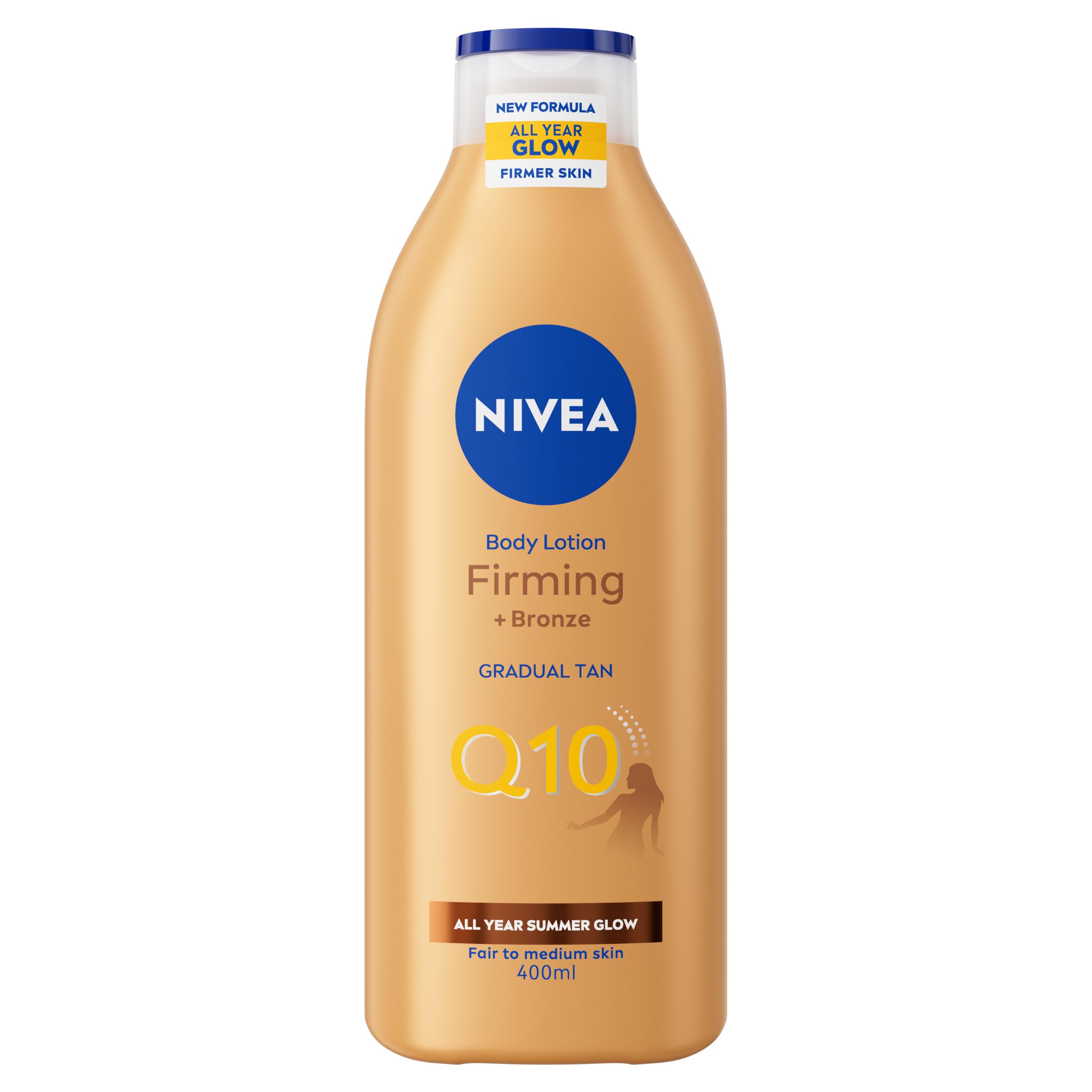 NIVEA Q10 Firming + Bronze Gradual Tan Body Lotion (400 ml), Firming Cream for Bronzed Skin with Q10, Supports a Gradual Tan, Tanning Moisturiser for a Sun-Kissed Radiant Glow