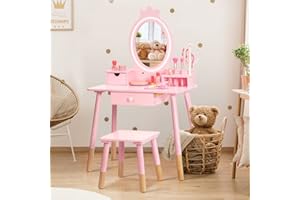 BRINJOY Kids Vanity Set with Lighted Mirror, Wooden Make Up Beauty Dressing Table with Stool & Jewelry Rack & Storage Board, Children Princess Vanity Table Pretend Playset for Girls