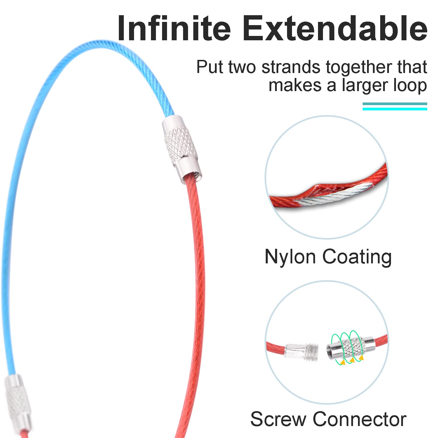 CooBigo 16 Pack Stainless Steel Loops 2mm Coated Wire Keychain Cable Large Keyrings 6 inch Key Chain for Luggage Tags, Key Tags, Keyrings, Kitchen utensils, Duster-Assorted Colors